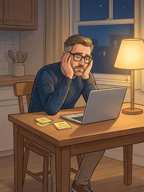 Illustration: Markus sits tired at the kitchen table at 10 p.m., laptop open, head in his hands.
